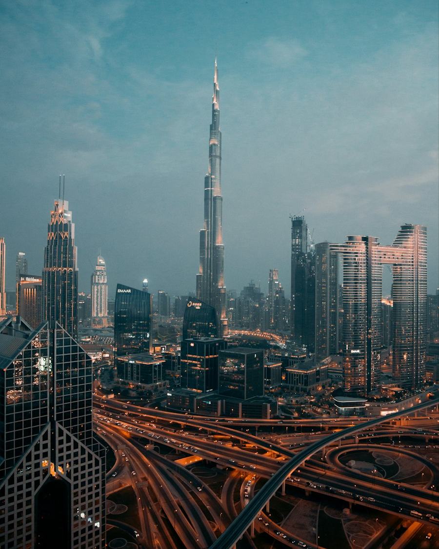 Burj Khalifa and the Downtown Dubai skyline at dusk